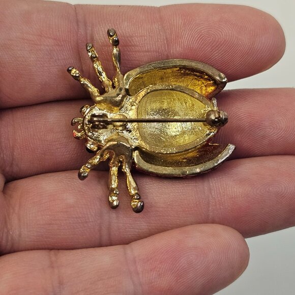 Gold Tone Red Crystal Ladybug Brooch Green Rhinestone Eyes Unmarked Pin - Picture 6 of 8